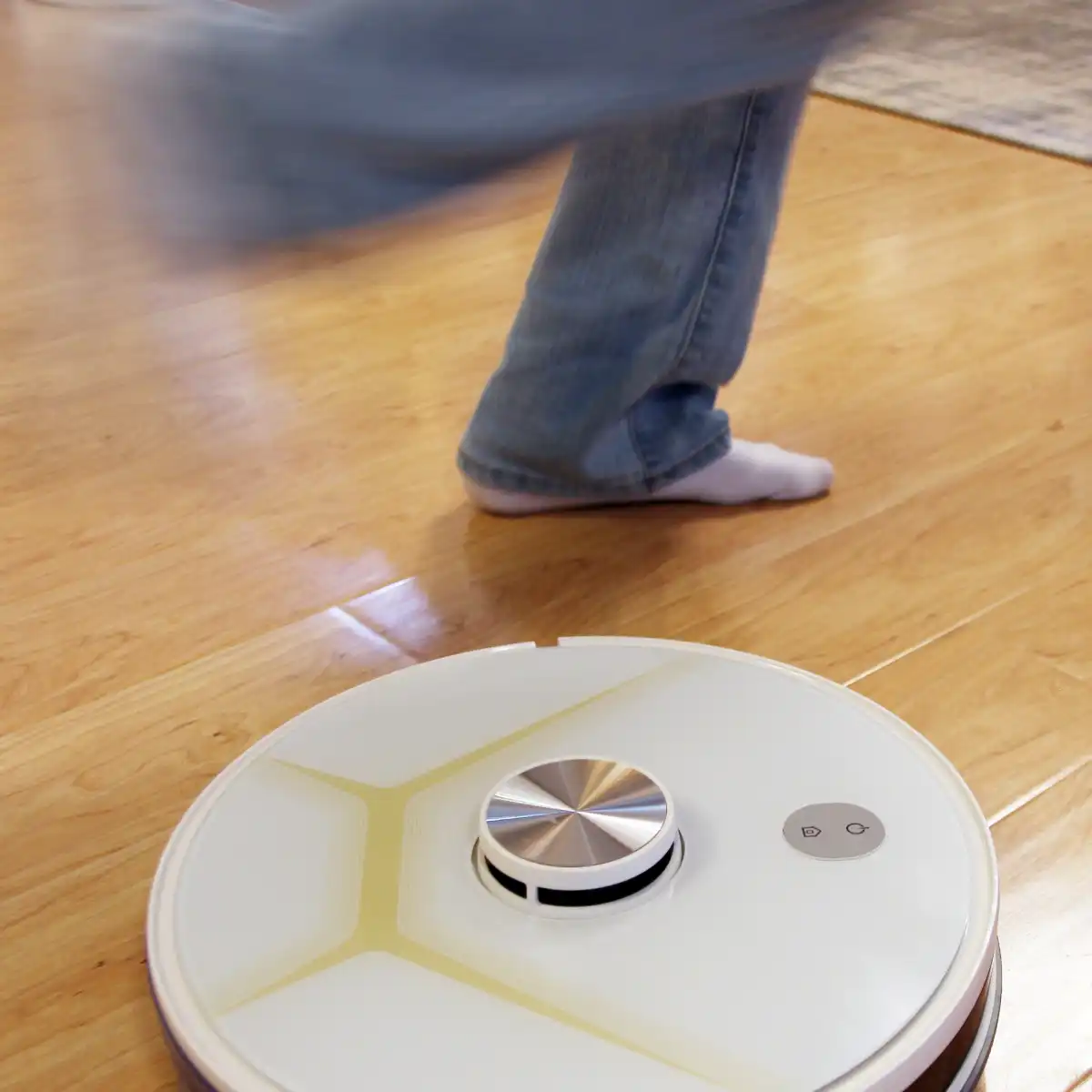 Child playing with the robot